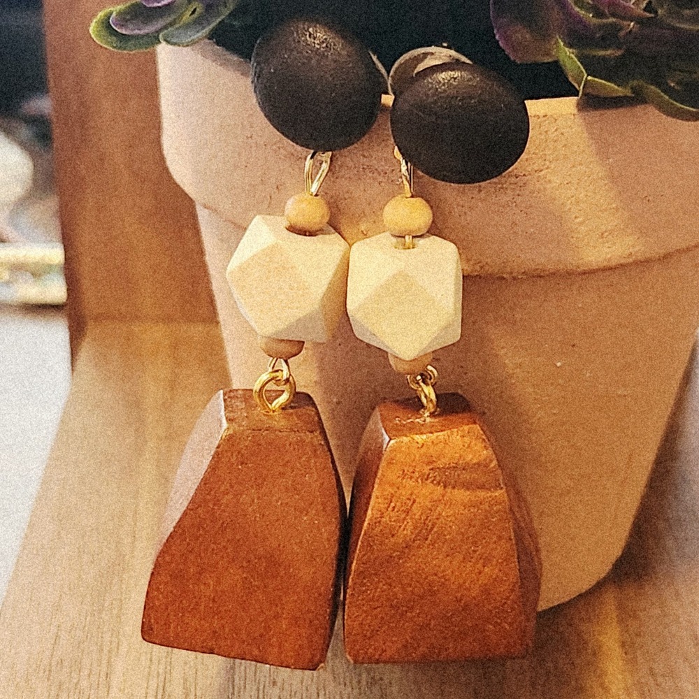 Geometric Wood Drop Earrings Brown Cream Black Natural Statement Post Back